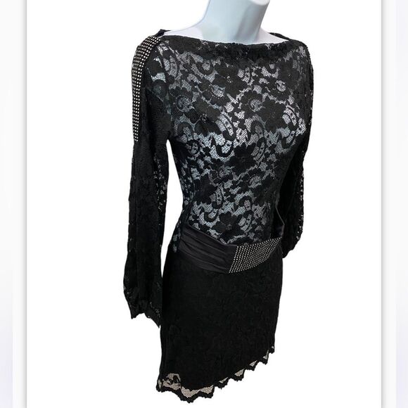 Sentimental NY By Sam Hourani Black Lace Dress With Rhinestone Tuxedo Belt Sz M - Picture 4 of 13